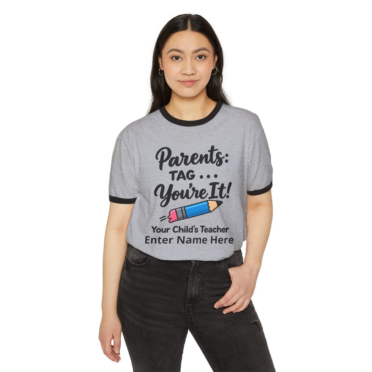 Parents: Tag—You’re It! Teacher Personalized Ringer T‑Shirt