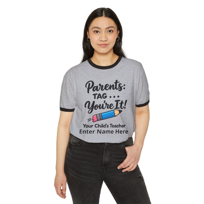 Parents: Tag—You’re It! Teacher Personalized Ringer T‑Shirt