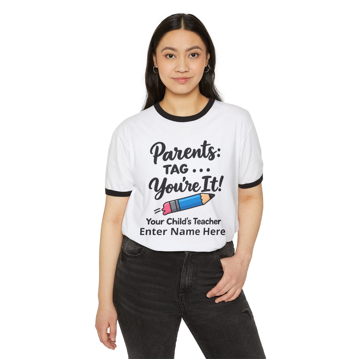 Parents: Tag—You’re It! Teacher Personalized Ringer T‑Shirt