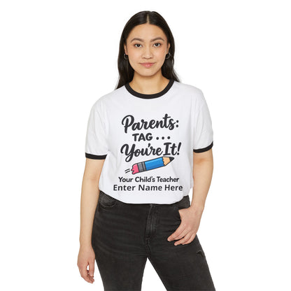 Parents: Tag—You’re It! Teacher Personalized Ringer T‑Shirt