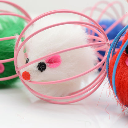 Wire Cage Mouse Toy for Cats with Rabbit Fur Mouse