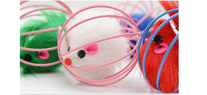Wire Cage Mouse Toy for Cats with Rabbit Fur Mouse