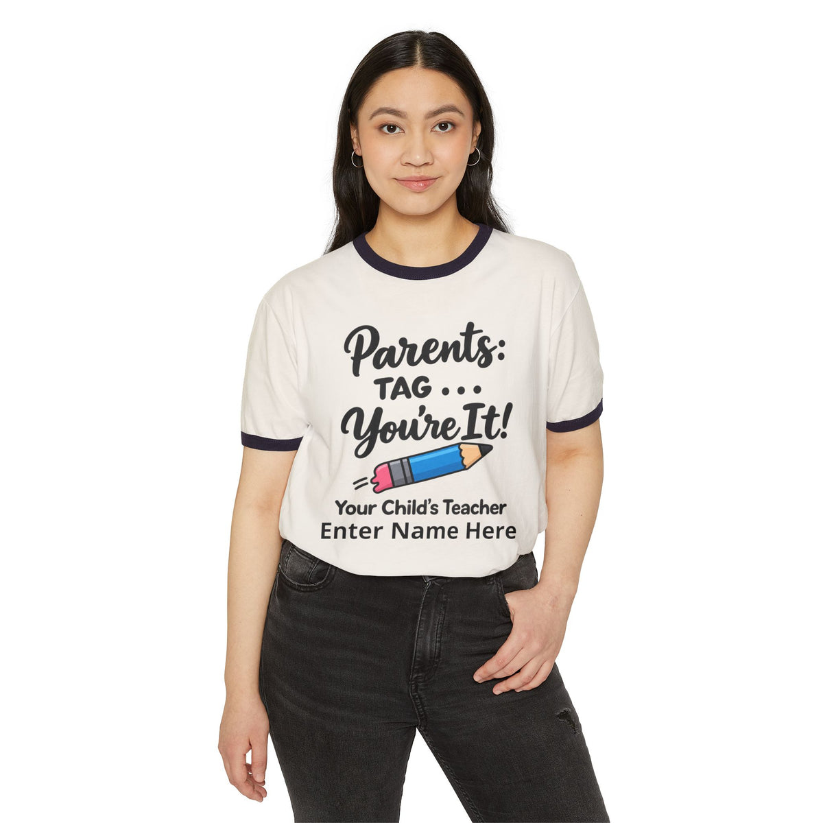 Parents: Tag—You’re It! Teacher Personalized Ringer T‑Shirt