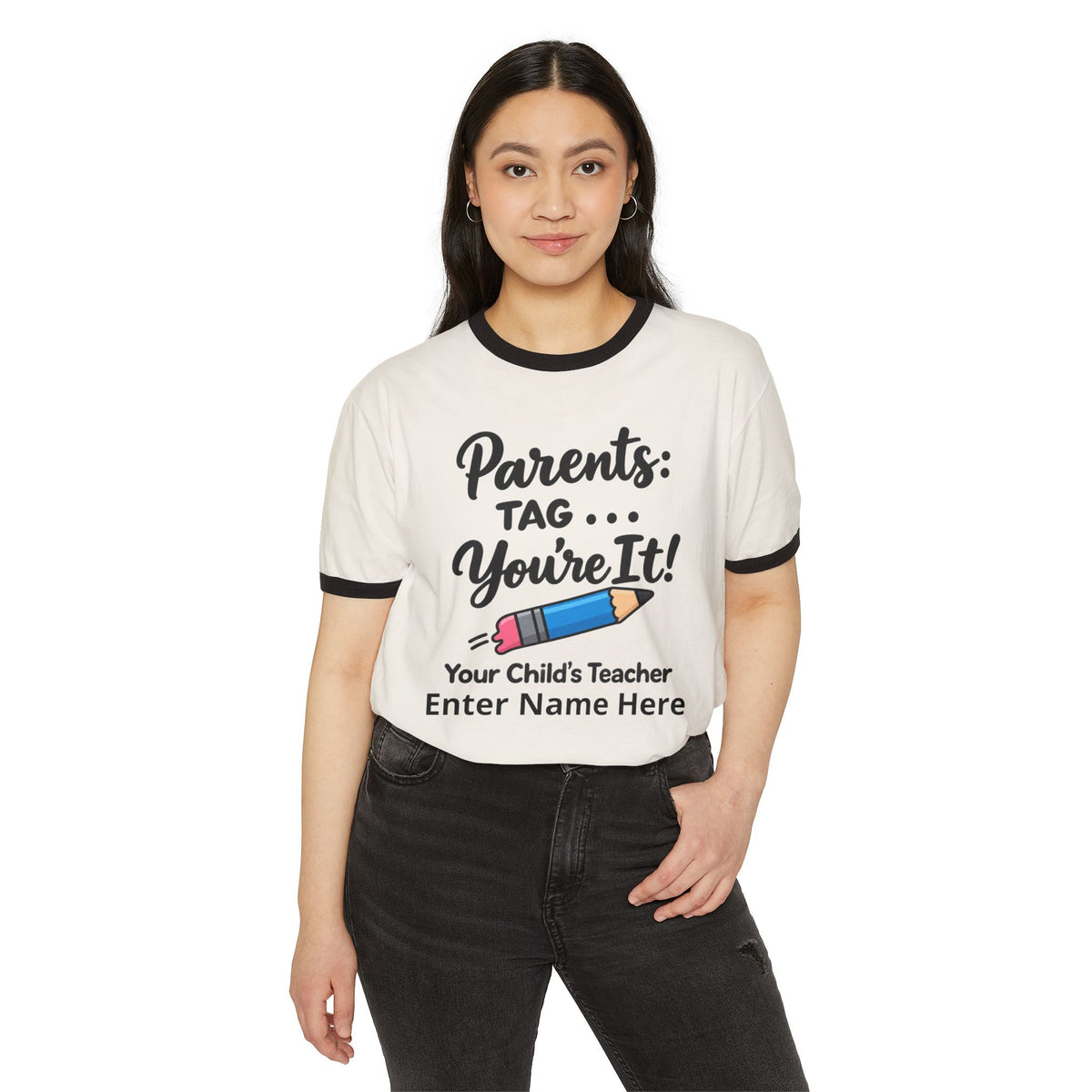 Parents: Tag—You’re It! Teacher Personalized Ringer T‑Shirt
