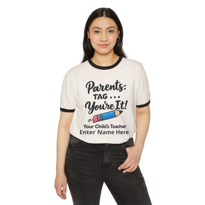 Parents: Tag—You’re It! Teacher Personalized Ringer T‑Shirt