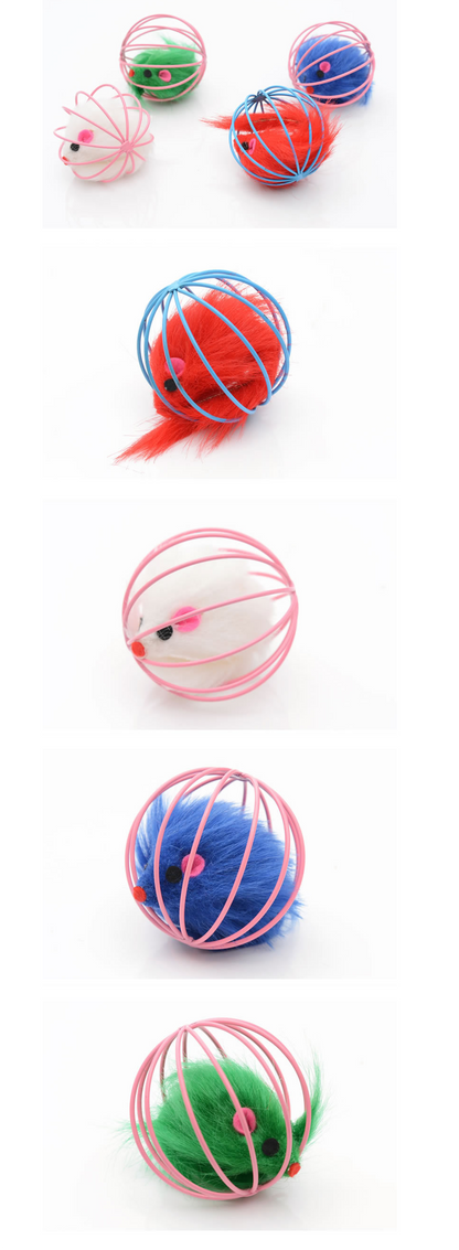 Wire Cage Mouse Toy for Cats with Rabbit Fur Mouse