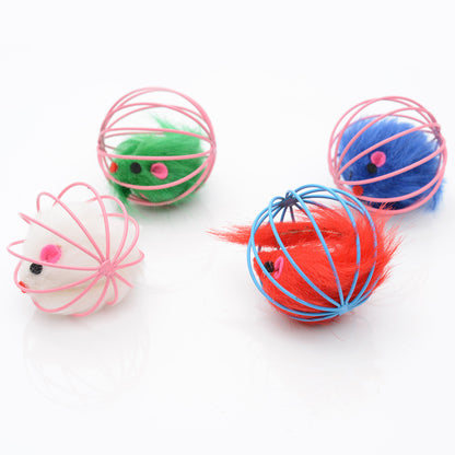 Wire Cage Mouse Toy for Cats with Rabbit Fur Mouse