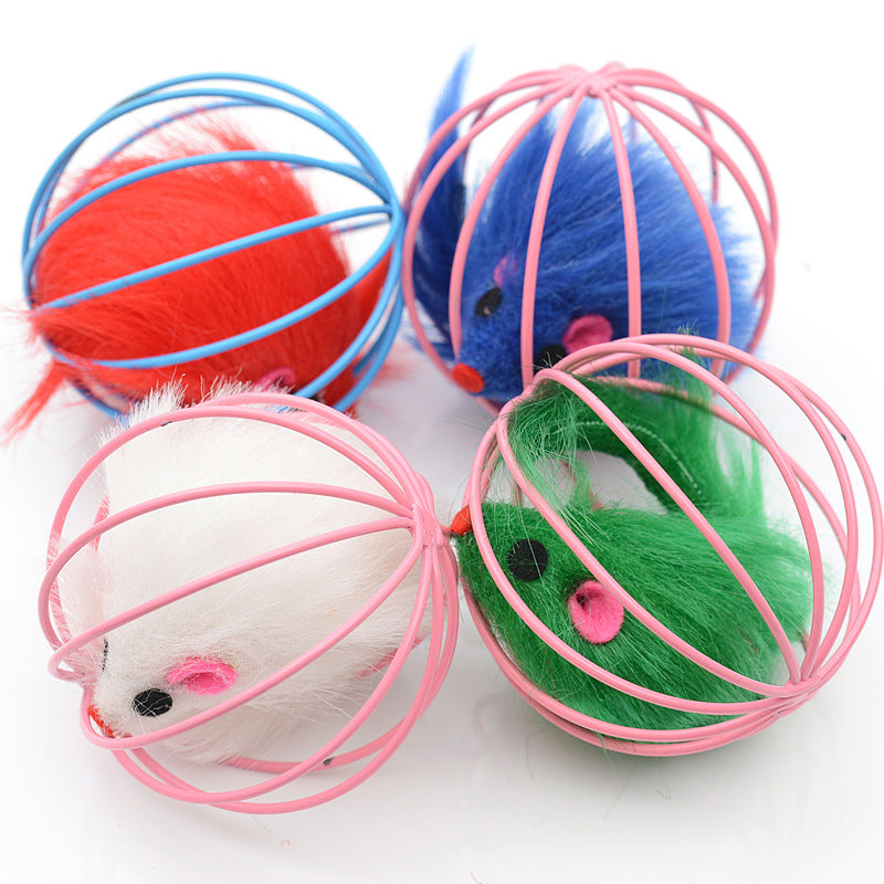 Wire Cage Mouse Toy for Cats with Rabbit Fur Mouse