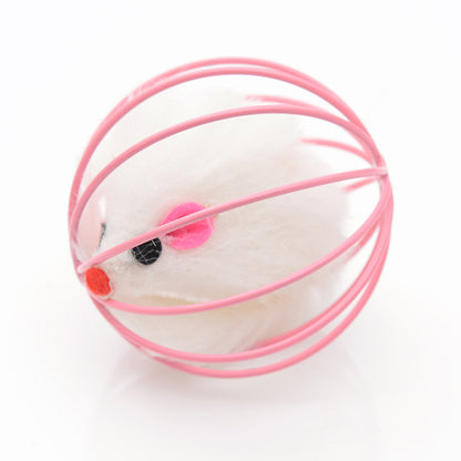 Wire Cage Mouse Toy for Cats with Rabbit Fur Mouse