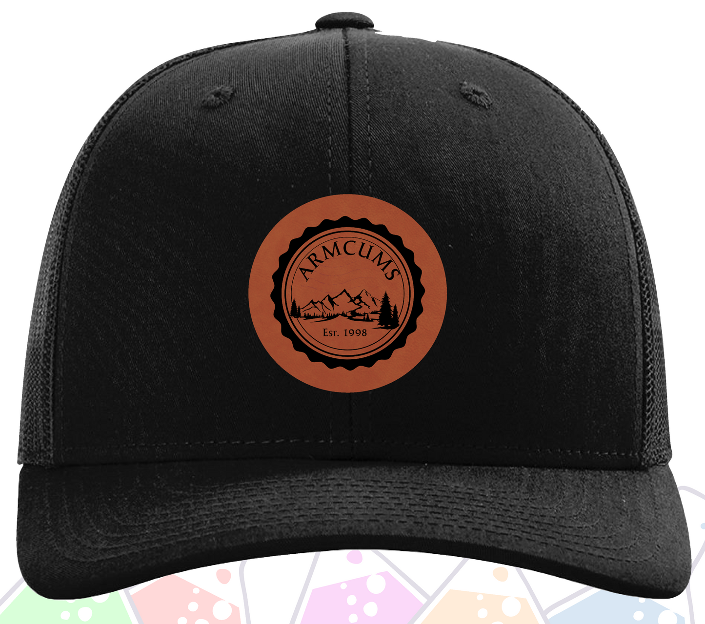 ARMCUMS Black Trucker Hat with logo embossed on a leather patch
