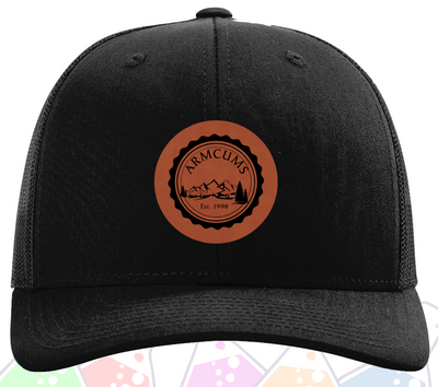 ARMCUMS Black Trucker Hat with logo embossed on a leather patch